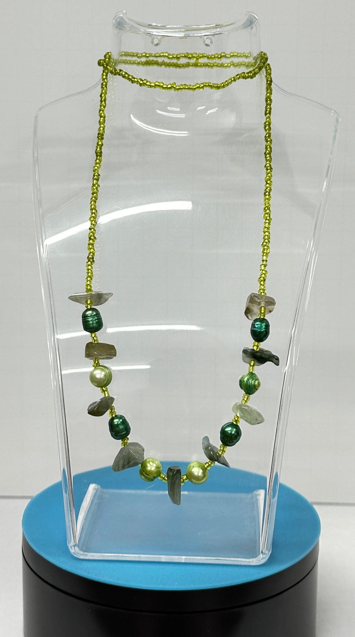 Necklaces Pullover NO Clasp, long green beaded necklace with tiny lime seed beads, green stones and metallic accents.