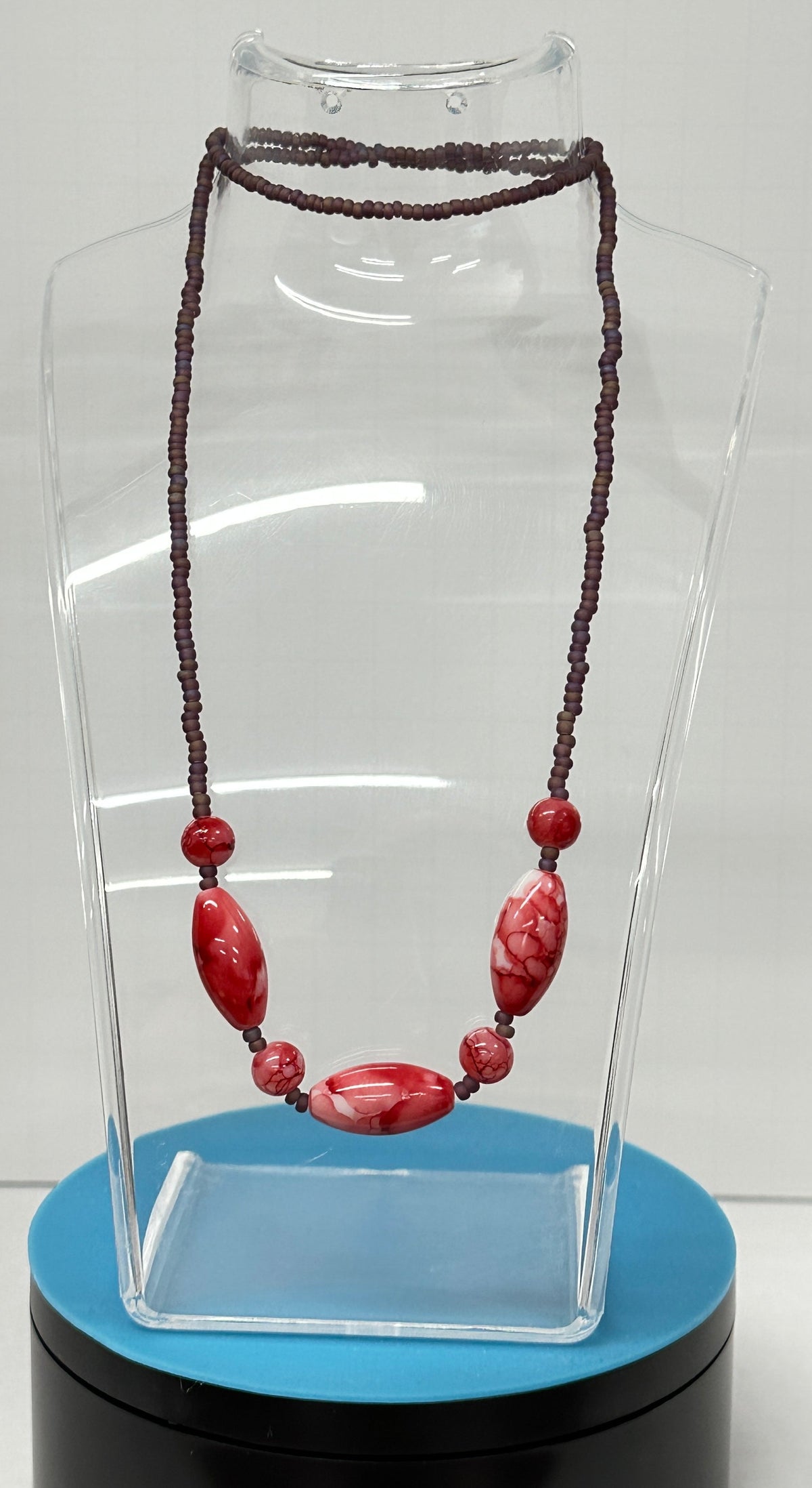 Necklaces Pullover NO Clasp beaded necklace with dark red seed beads, glossy red oval stones and small silver accents