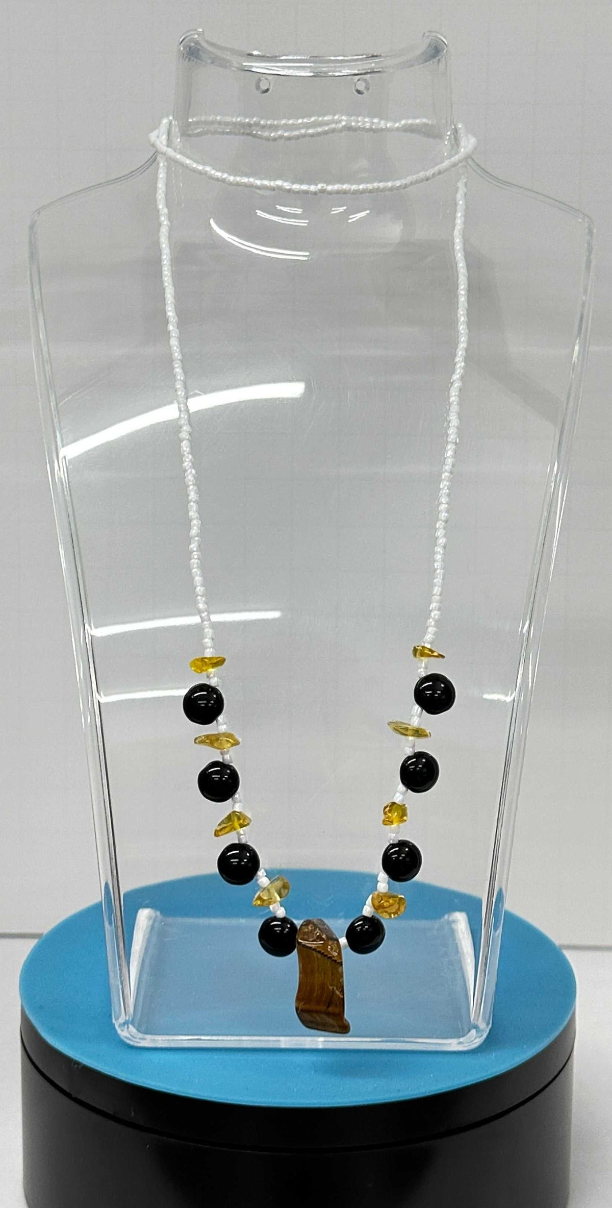 Necklaces Pullover NO Clasp, long white seed bead strand with black round beads and a brown rectangular pendant