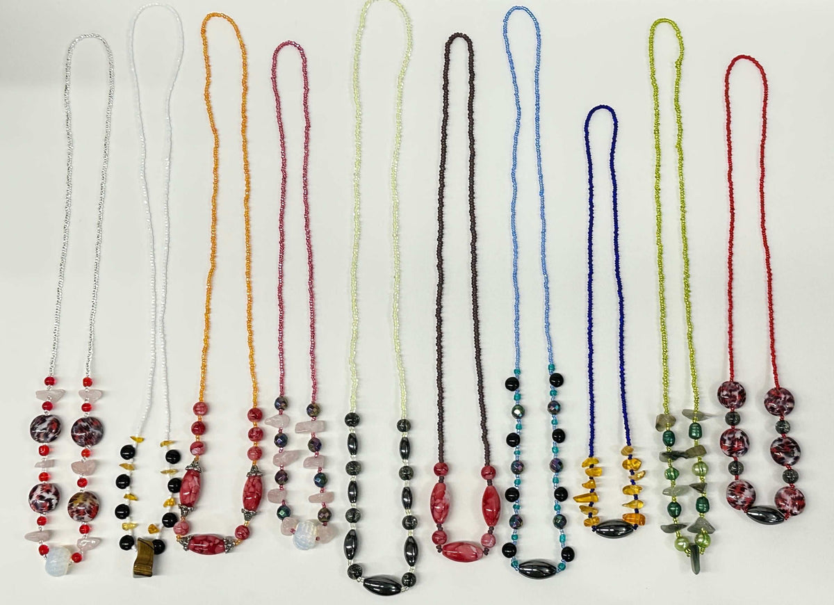 Necklaces Pullover with NO Clasp in assorted colors, featuring long beaded strands with varied glass, stone and pearl accents